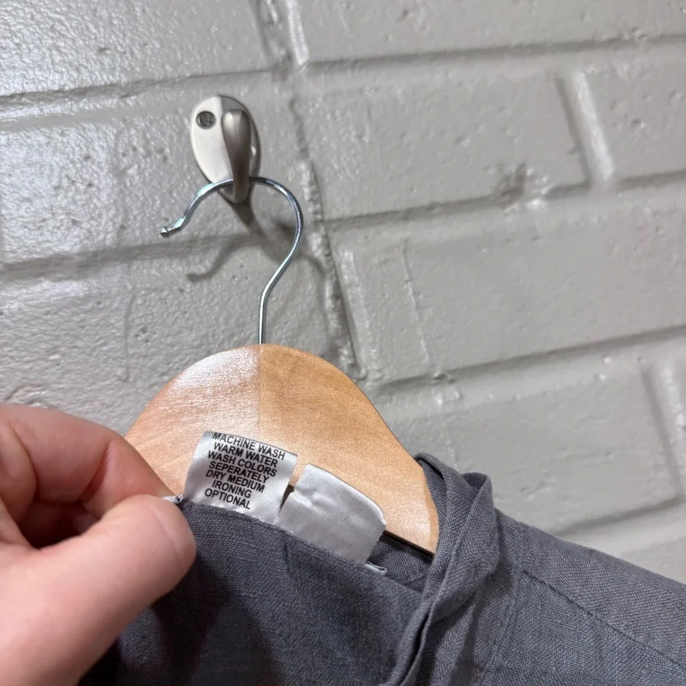 FLAX Linen Button Down Shirt Ruffle Collar Charcoal Gray Oversized L Lagenlook - Picture 7 of 11